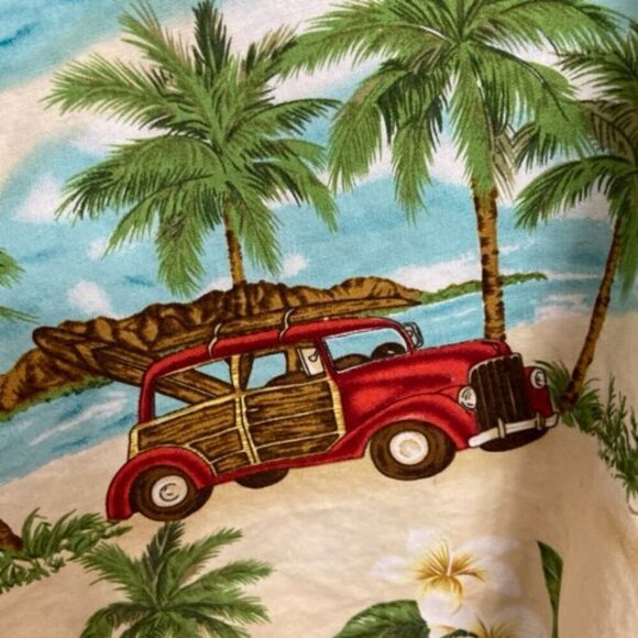 Vtg KY's Hawaiian Shirt Men's L Tropical Wood Panel Cars Surf Boards Palm Trees - Picture 7 of 7